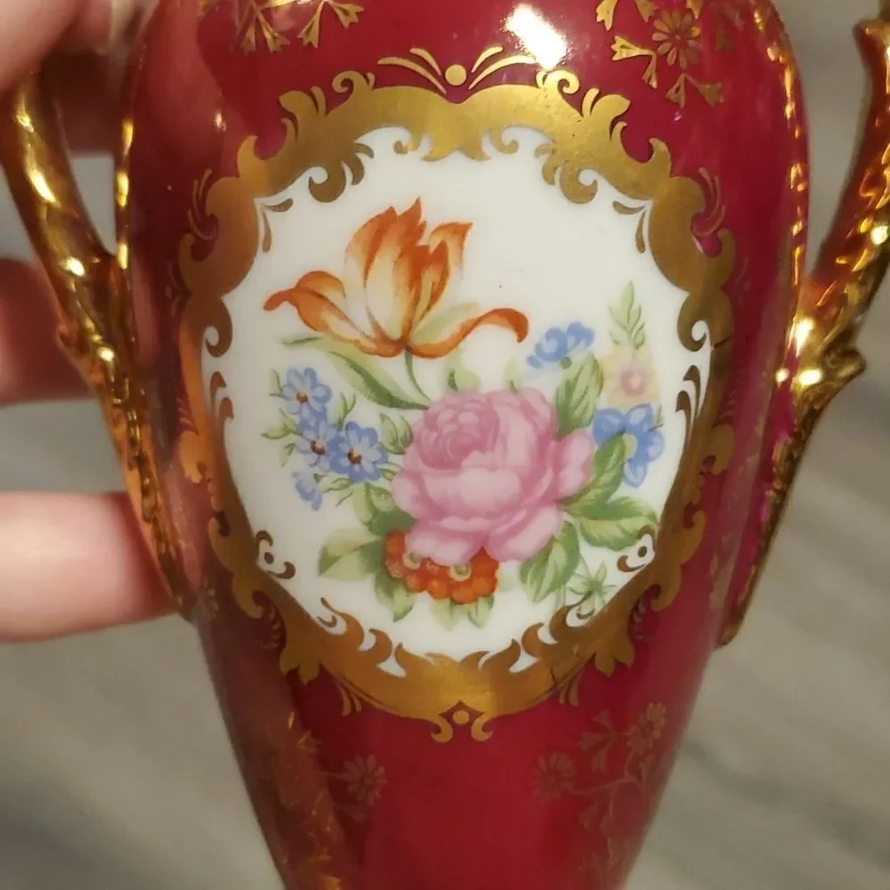 EUC Vintage German KPM Porcelain Maroon Floral Gold Rimmed Vase